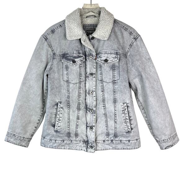 Levi's Washed Cotton Sherpa Trucker Jacket Oversized SMALL Acid Wash Gray - Picture 2 of 9